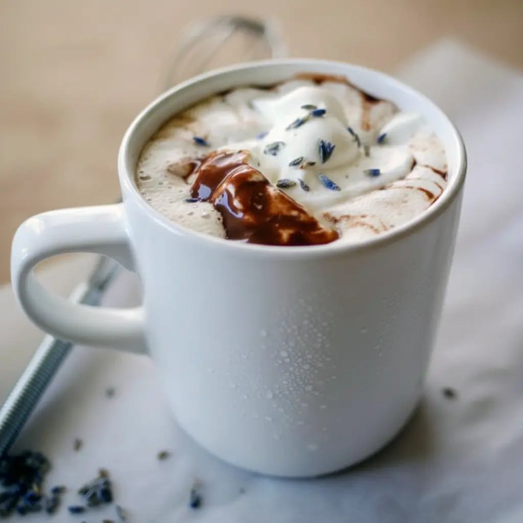 Lavender Hot Chocolate — frothy mug of lavender-infused hot chocolate topped with whipped cream and a few lavender buds, styled on a rustic wooden tray.