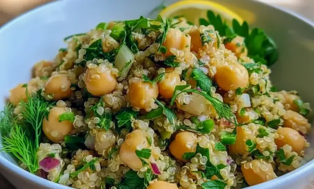 Close-up of a bowl of Quinoa And Chickpeas salad with chopped herbs, cucumber, cherry tomatoes, and a lemon wedge.