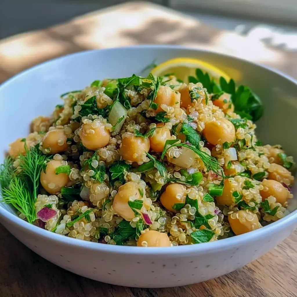 Close-up of a bowl of Quinoa And Chickpeas salad with chopped herbs, cucumber, cherry tomatoes, and a lemon wedge.