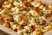 Low Carb High Protein Meal Ideas — golden baked chicken Alfredo topped with melted cheese, spinach, and cherry tomatoes in a casserole dish.