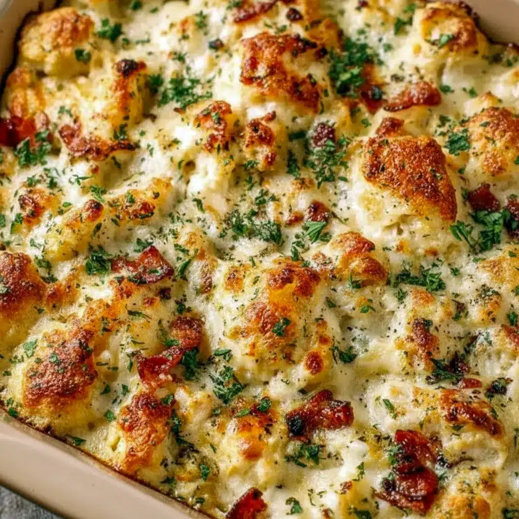 Low Carb High Protein Meal Ideas — golden baked chicken Alfredo topped with melted cheese, spinach, and cherry tomatoes in a casserole dish.