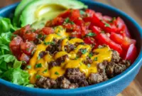 For Low-Carb Meal Prep lovers: close-up of a cheeseburger bowl with seasoned Minced Meat, shredded cheese, pickles, cherry tomatoes and a drizzle of burger sauce — a hearty Protein Dinner option.