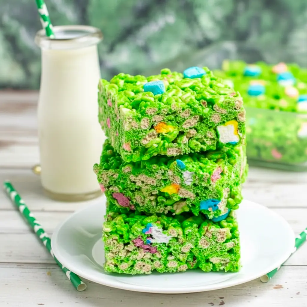 Close-up of a green Lucky Charms Rice Krispie square with marshmallow bits and a glossy finish — St Pats Day Snacks and St Patrick Day Treats styled on a festive platter.
