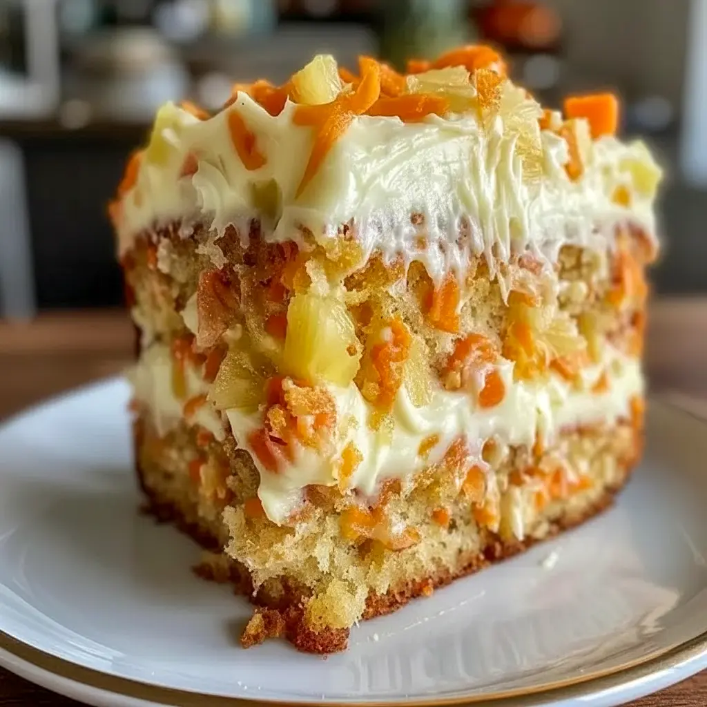 Slice of Hawaiian Pineapple Carrot Cake on a plate, topped with cream cheese frosting and visible pineapple bits — moist, spiced, and ready to enjoy.