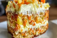 Slice of Hawaiian Pineapple Carrot Cake on a plate, topped with cream cheese frosting and visible pineapple bits — moist, spiced, and ready to enjoy.