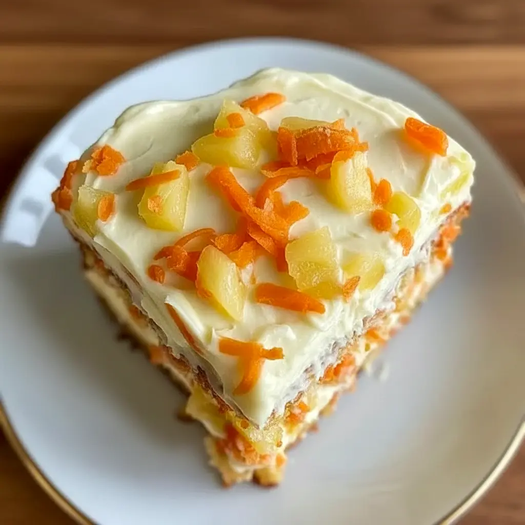 Slice of Hawaiian Pineapple Carrot Cake on a plate, topped with cream cheese frosting and visible pineapple bits — moist, spiced, and ready to enjoy.