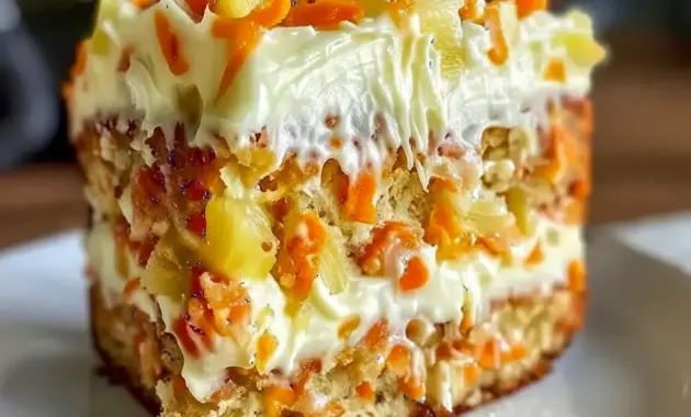 Slice of Hawaiian Pineapple Carrot Cake on a plate, topped with cream cheese frosting and visible pineapple bits — moist, spiced, and ready to enjoy.