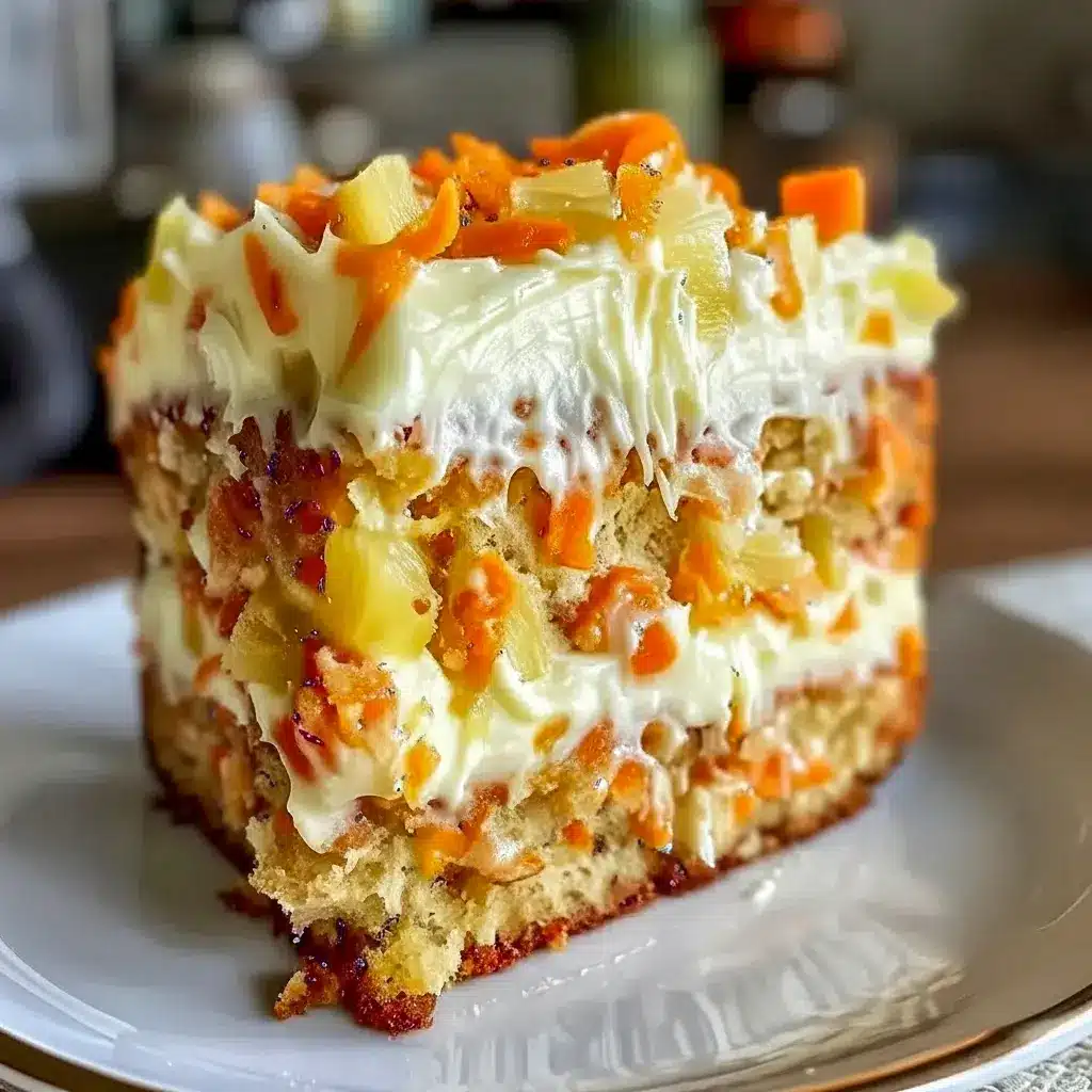 Slice of Hawaiian Pineapple Carrot Cake on a plate, topped with cream cheese frosting and visible pineapple bits — moist, spiced, and ready to enjoy.