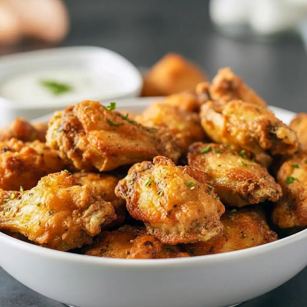 Close-up of crispy Dill Pickle Chicken Wings glazed with dill and served with a bowl of creamy Pickle Wing Sauce — a tangy Pickle Juice Wings favorite.