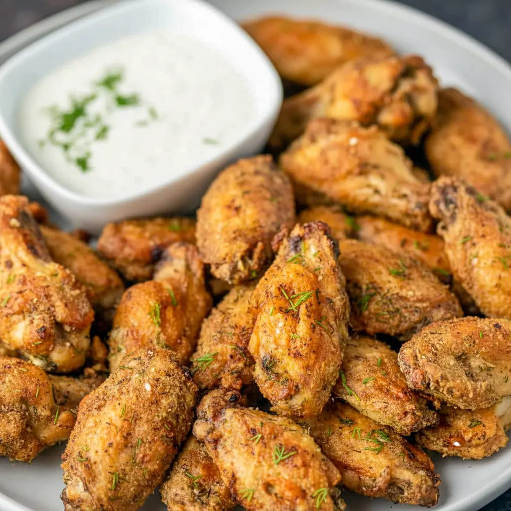 Close-up of crispy Dill Pickle Chicken Wings glazed with dill and served with a bowl of creamy Pickle Wing Sauce — a tangy Pickle Juice Wings favorite.