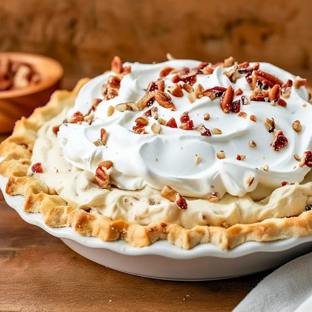 Slice of Pecan Cream Pie with whipped cream and toasted pecans on a plate — creamy filling and crunchy topping, a classic Pies With Cream Cheese dessert.