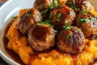 Pork Meatballs stacked on sweet potato mash, drizzled with bourbon-maple sauce and sprinkled parsley — a cozy Pork Meatball Dinner shot (close-up).