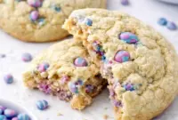 Warm Protein Sugar Cookies stacked on parchment, showing a soft, cakey texture and white chocolate center.