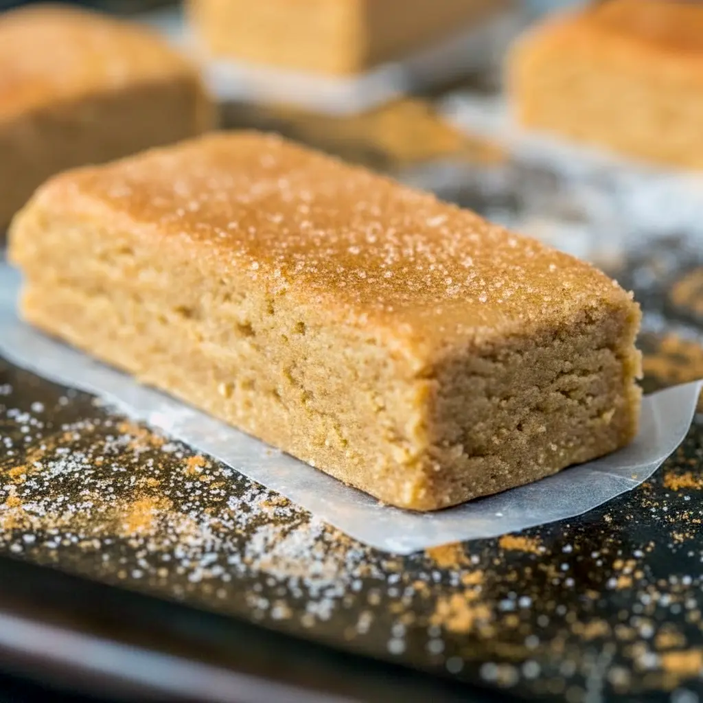 Tray of sliced Apple Protein Bars dusted with cinnamon, stacked and ready to grab for a quick breakfast.