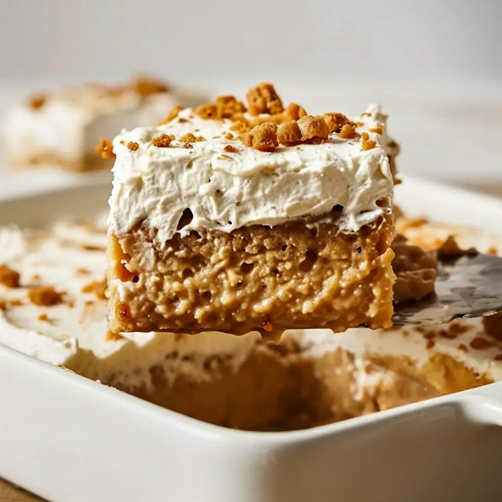 Homemade Tres Leches Cake slice on a plate, topped with cookie-butter whipped cream and crushed Biscoff crumbs.