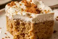 Homemade Tres Leches Cake slice on a plate, topped with cookie-butter whipped cream and crushed Biscoff crumbs.