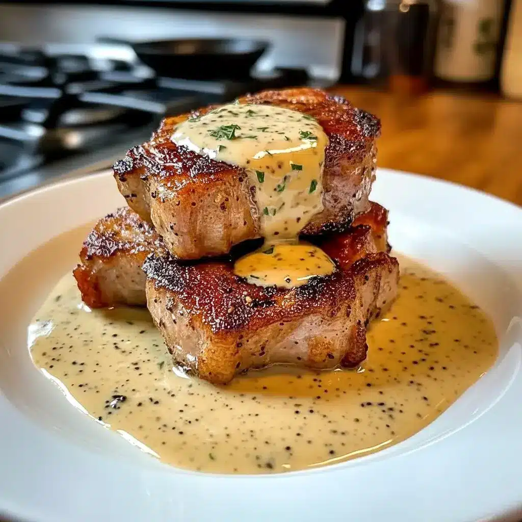 Pork Dishes Recipes — close-up of a maple-glazed pork chop topped with creamy Dijon sauce and crumbled bacon, garnished with fresh herbs.