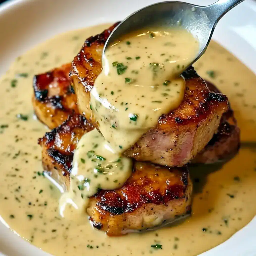 Pork Dishes Recipes — close-up of a maple-glazed pork chop topped with creamy Dijon sauce and crumbled bacon, garnished with fresh herbs.