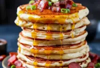 Stack of Savory Pancakes topped with crispy bacon, chorizo bits, melted cheddar, a dollop of chili butter and a glossy golden-syrup drizzle.