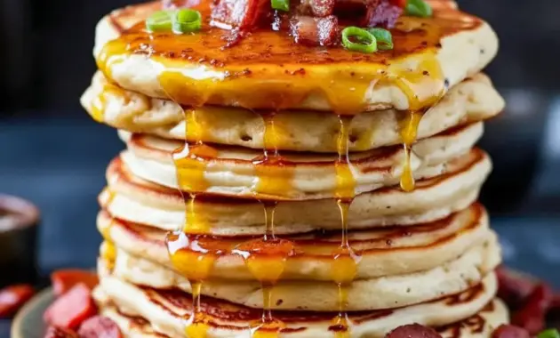 Stack of Savory Pancakes topped with crispy bacon, chorizo bits, melted cheddar, a dollop of chili butter and a glossy golden-syrup drizzle.