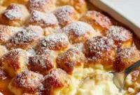 Bubbling Snickerdoodle Cobbler in a baking dish with a melting scoop of vanilla ice cream — the ultimate Movie Night Dessert.