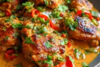 Coconut Chicken — bowl of spicy Brazilian-style coconut chicken over rice, garnished with cilantro (inspired by Brazilian Cuisine).