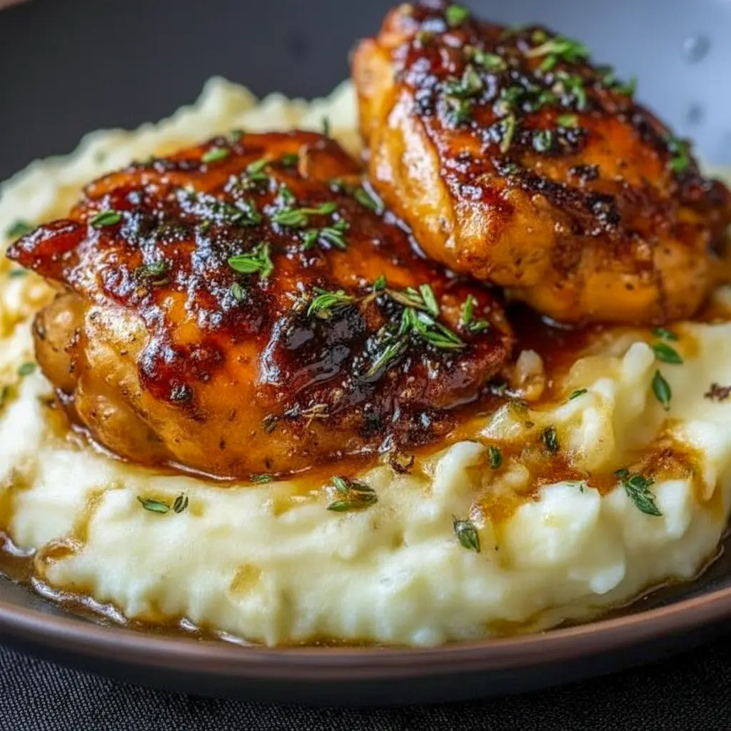 Plated Chipotle Honey Chicken Thighs glazed and caramelized beside creamy smoked Gouda mashed potatoes — a cozy, Cozy Chicken style Chicken Thigh Dishes For Dinner shot ready to tempt your feed.