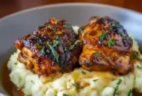 Plated Chipotle Honey Chicken Thighs glazed and caramelized beside creamy smoked Gouda mashed potatoes — a cozy, Cozy Chicken style Chicken Thigh Dishes For Dinner shot ready to tempt your feed.