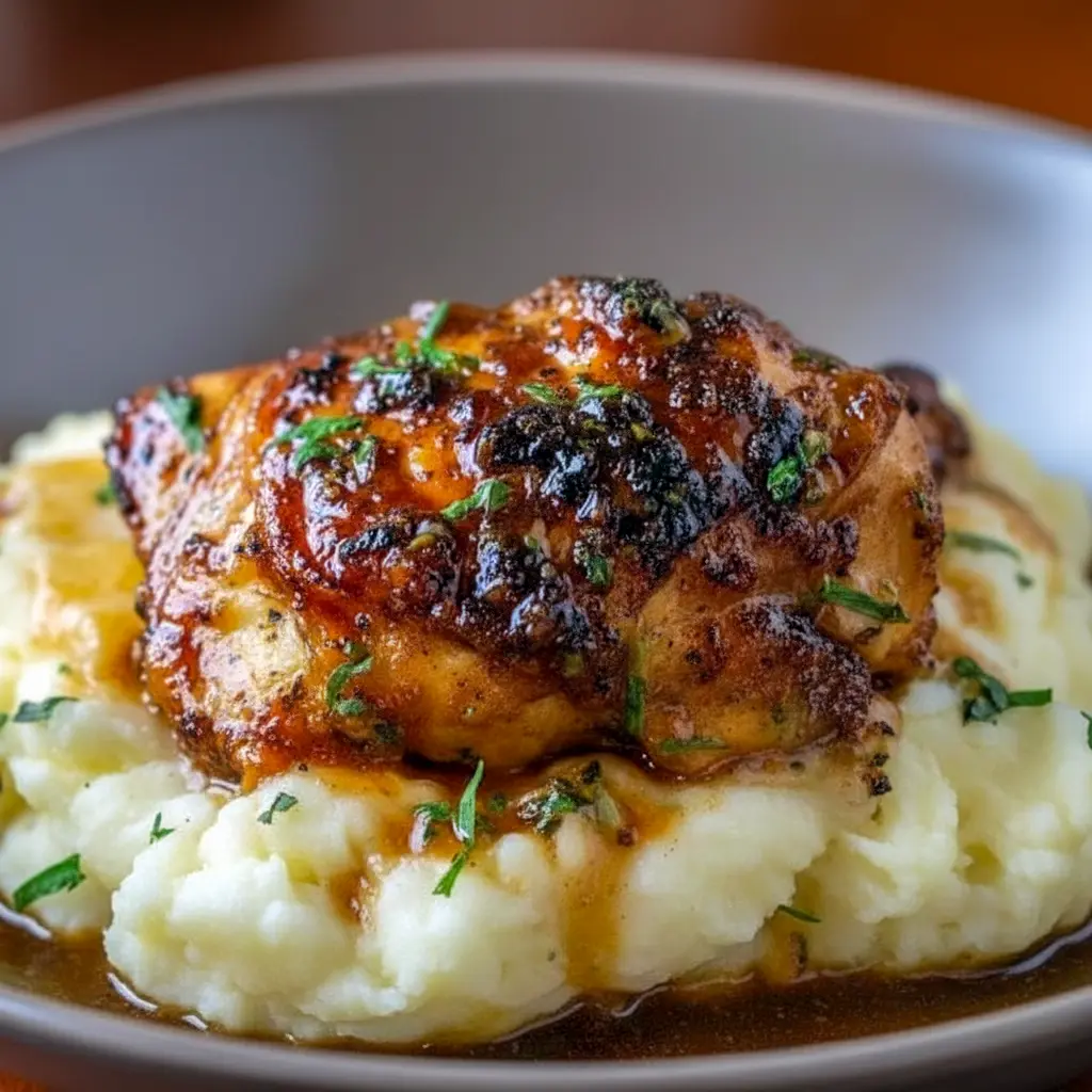 Plated Chipotle Honey Chicken Thighs glazed and caramelized beside creamy smoked Gouda mashed potatoes — a cozy, Cozy Chicken style Chicken Thigh Dishes For Dinner shot ready to tempt your feed.