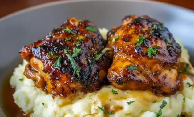 Plated Chipotle Honey Chicken Thighs glazed and caramelized beside creamy smoked Gouda mashed potatoes — a cozy, Cozy Chicken style Chicken Thigh Dishes For Dinner shot ready to tempt your feed.