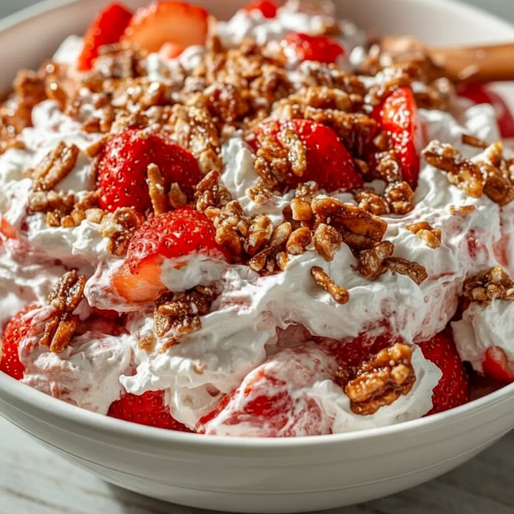 Strawberry Crackle Salad — creamy whipped filling layered with bright sliced strawberries and crunchy pretzel-pecan crackle in a bowl; a fresh, no-bake Light Cold Dessert ready for summer.