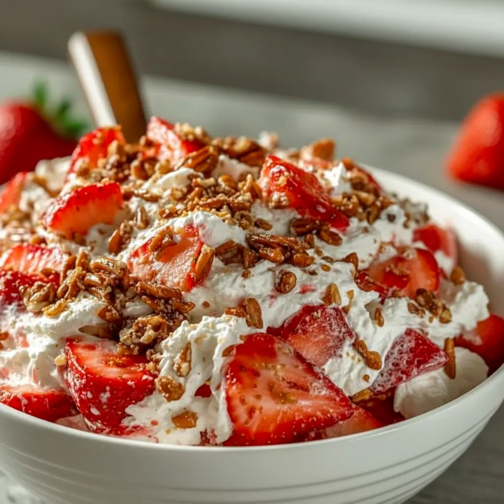Strawberry Crackle Salad — creamy whipped filling layered with bright sliced strawberries and crunchy pretzel-pecan crackle in a bowl; a fresh, no-bake Light Cold Dessert ready for summer.