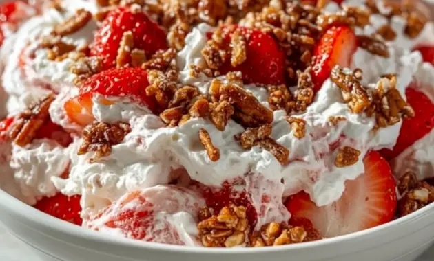 Strawberry Crackle Salad — creamy whipped filling layered with bright sliced strawberries and crunchy pretzel-pecan crackle in a bowl; a fresh, no-bake Light Cold Dessert ready for summer.