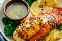Broiled Lobster Tail Recipe topped with garlic-herb butter, lemon wedge, and chopped parsley on a serving plate.