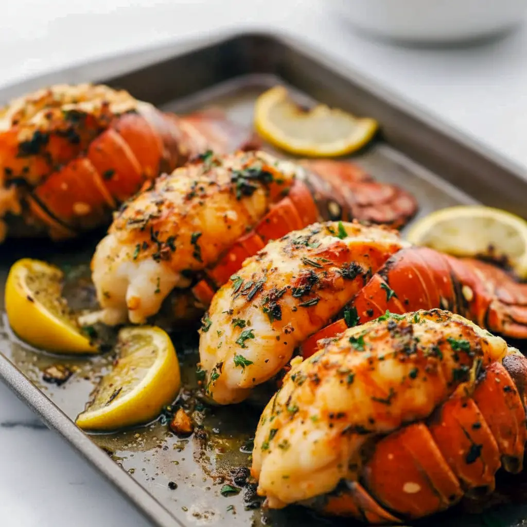 Broiled Lobster Tail Recipe topped with garlic-herb butter, lemon wedge, and chopped parsley on a serving plate.