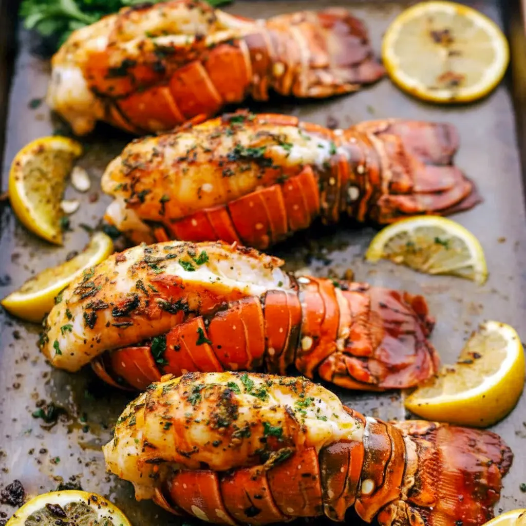 Broiled Lobster Tail Recipe topped with garlic-herb butter, lemon wedge, and chopped parsley on a serving plate.