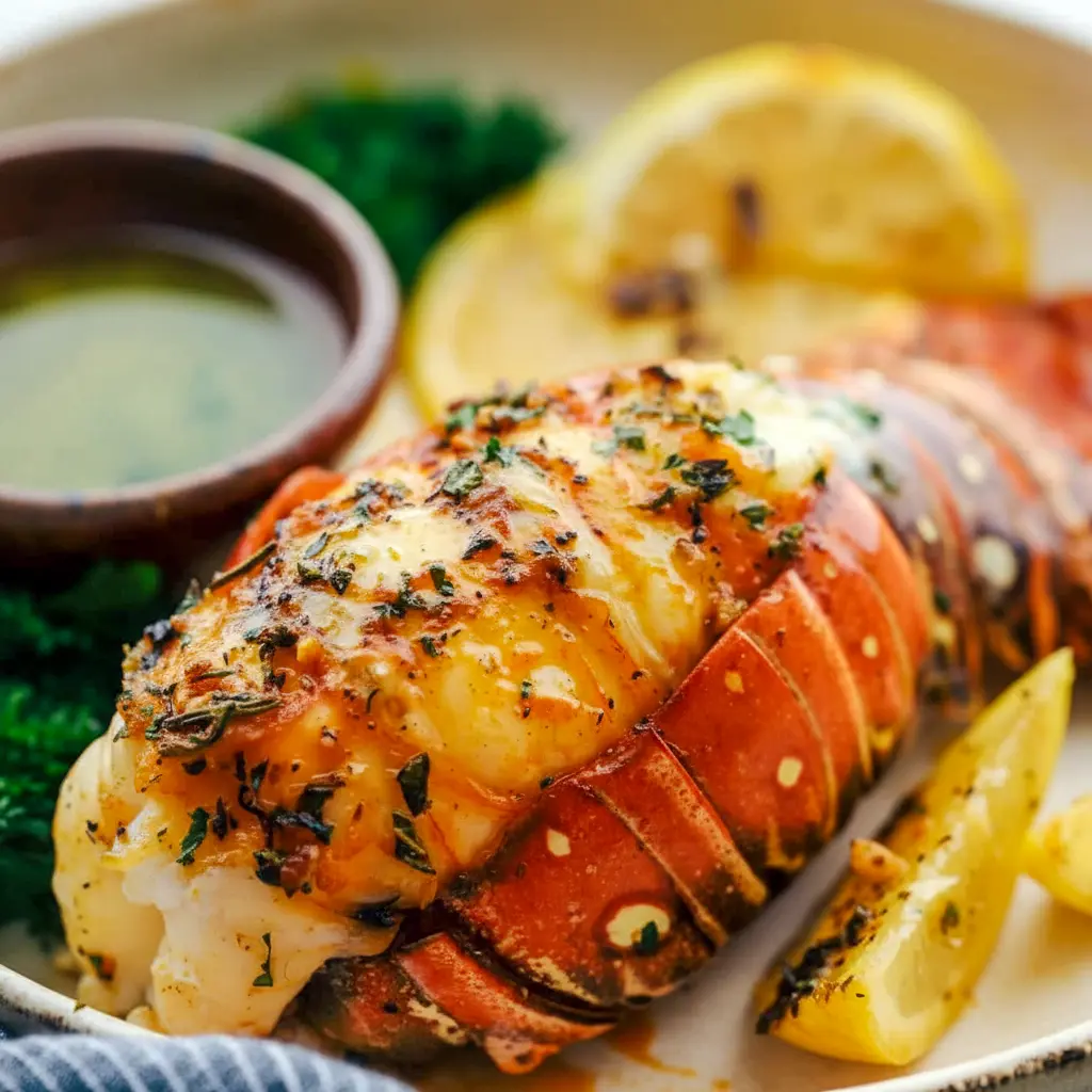 Broiled Lobster Tail Recipe topped with garlic-herb butter, lemon wedge, and chopped parsley on a serving plate.