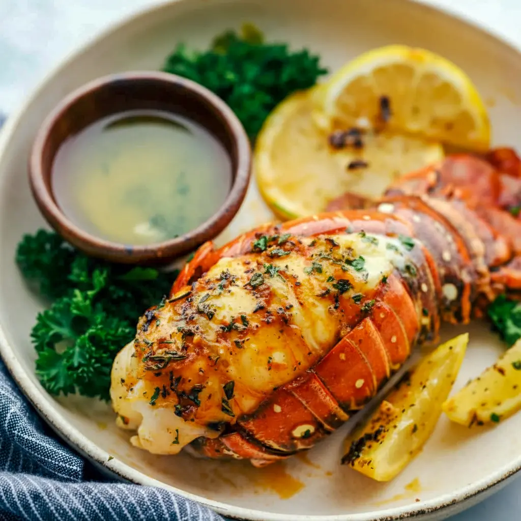Broiled Lobster Tail Recipe topped with garlic-herb butter, lemon wedge, and chopped parsley on a serving plate.
