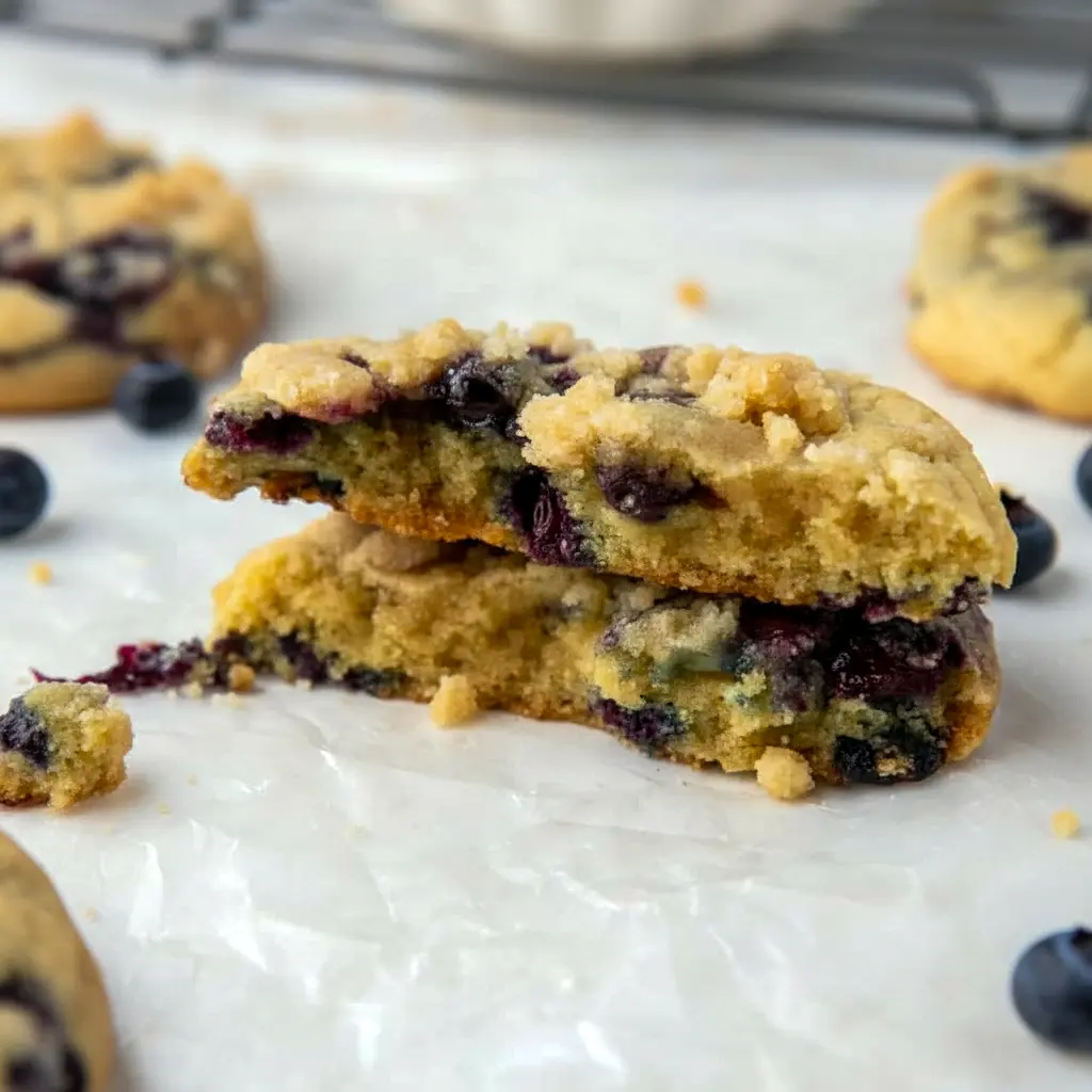 Thick Blueberry Muffin Cookies with golden streusel, jam pockets, and plump blueberries on parchment — close-up of a chewy, bakery-style cookie.