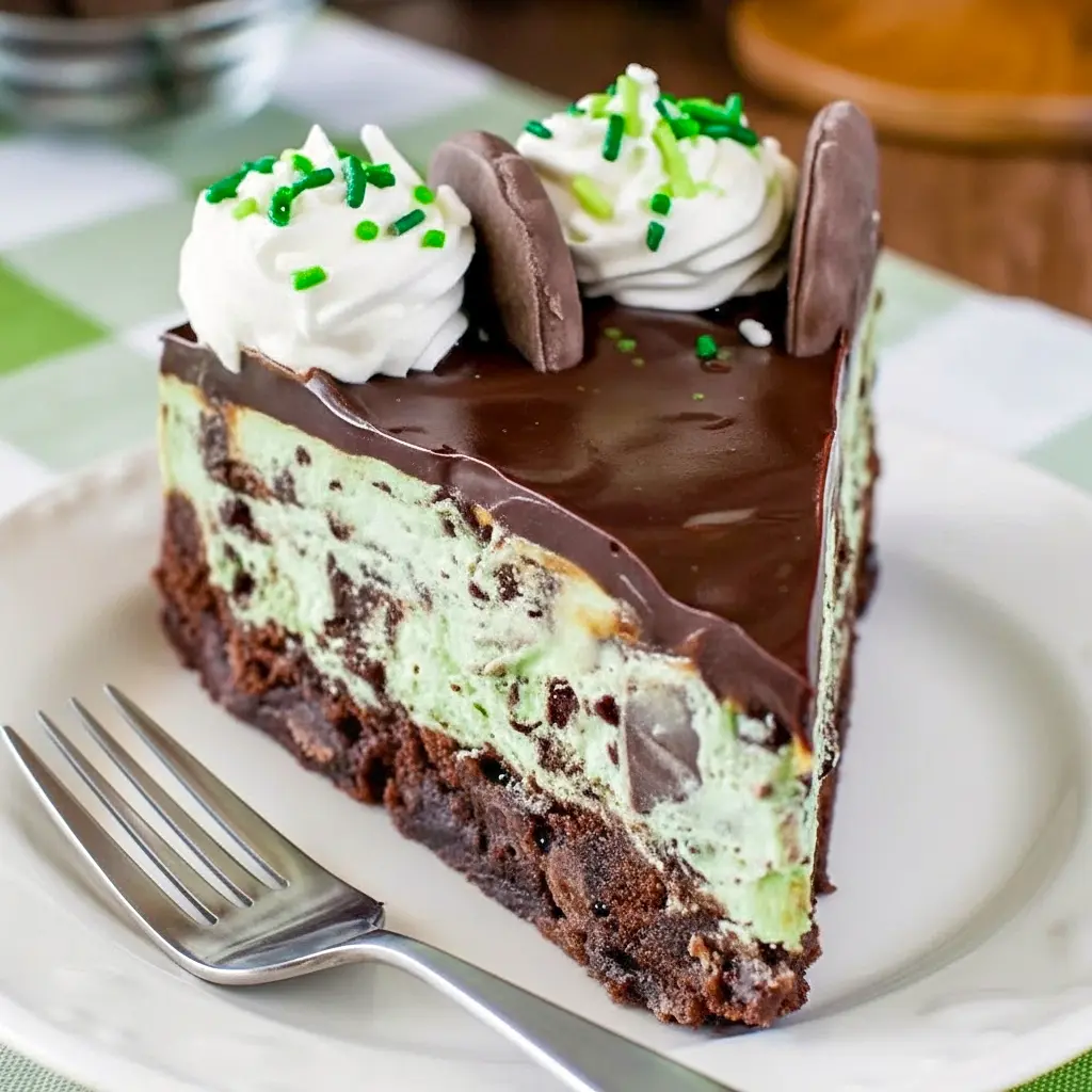 Desserts To Make — close-up of a slice of Thin Mint Cheesecake showing a mint-green cheesecake layer over a chewy brownie crust, glossy chocolate topping, and chopped mint-cookie garnish.