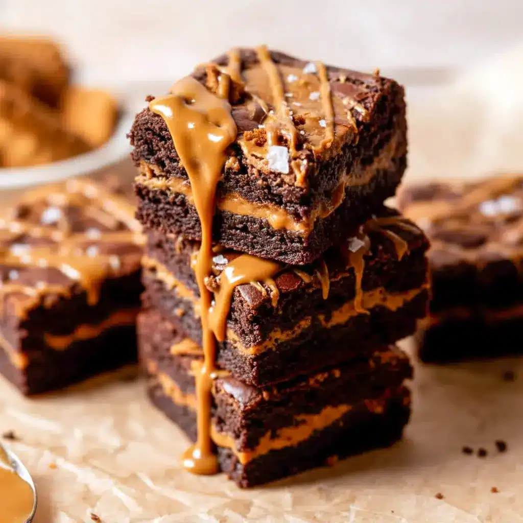 Biscoff Cookie Butter Brownies sliced into squares, revealing a rich chocolate layer, a creamy cookie-butter core, and crushed Biscoff cookies on top.