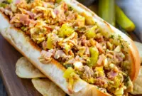 Ultimate Cuban Sandwich halved to show chopped pork, ham, Swiss, dill pickles and mustard inside a toasted garlicky roll.