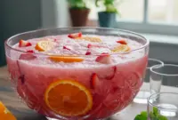 Bowl of icy Slush Punch with citrus slices and a ladle, showing pink, frothy slush and sparkling soda bubbles.