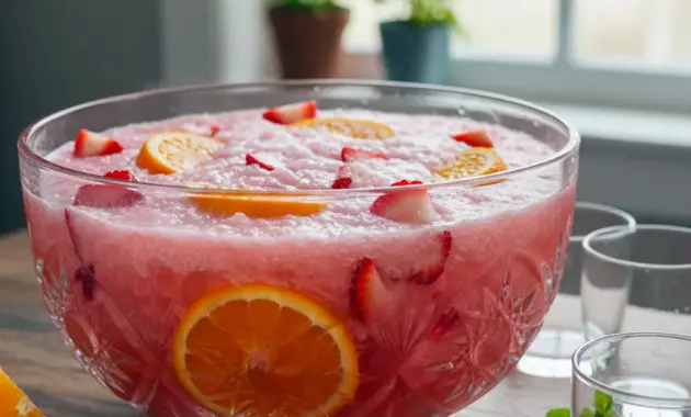 Bowl of icy Slush Punch with citrus slices and a ladle, showing pink, frothy slush and sparkling soda bubbles.