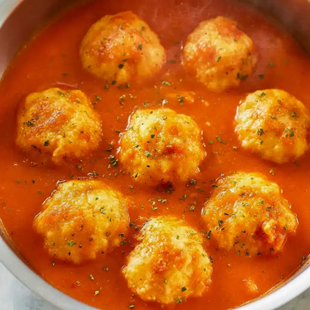 Bowl of Comfort Soups for Cold Weather — creamy tomato broth topped with golden Cheddar Bay dumplings and a sprinkle of parsley, a warm Tomato Dumpling Soup presentation.
