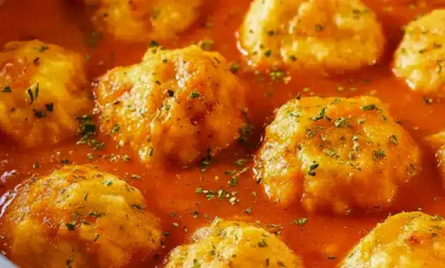 Bowl of Comfort Soups for Cold Weather — creamy tomato broth topped with golden Cheddar Bay dumplings and a sprinkle of parsley, a warm Tomato Dumpling Soup presentation.