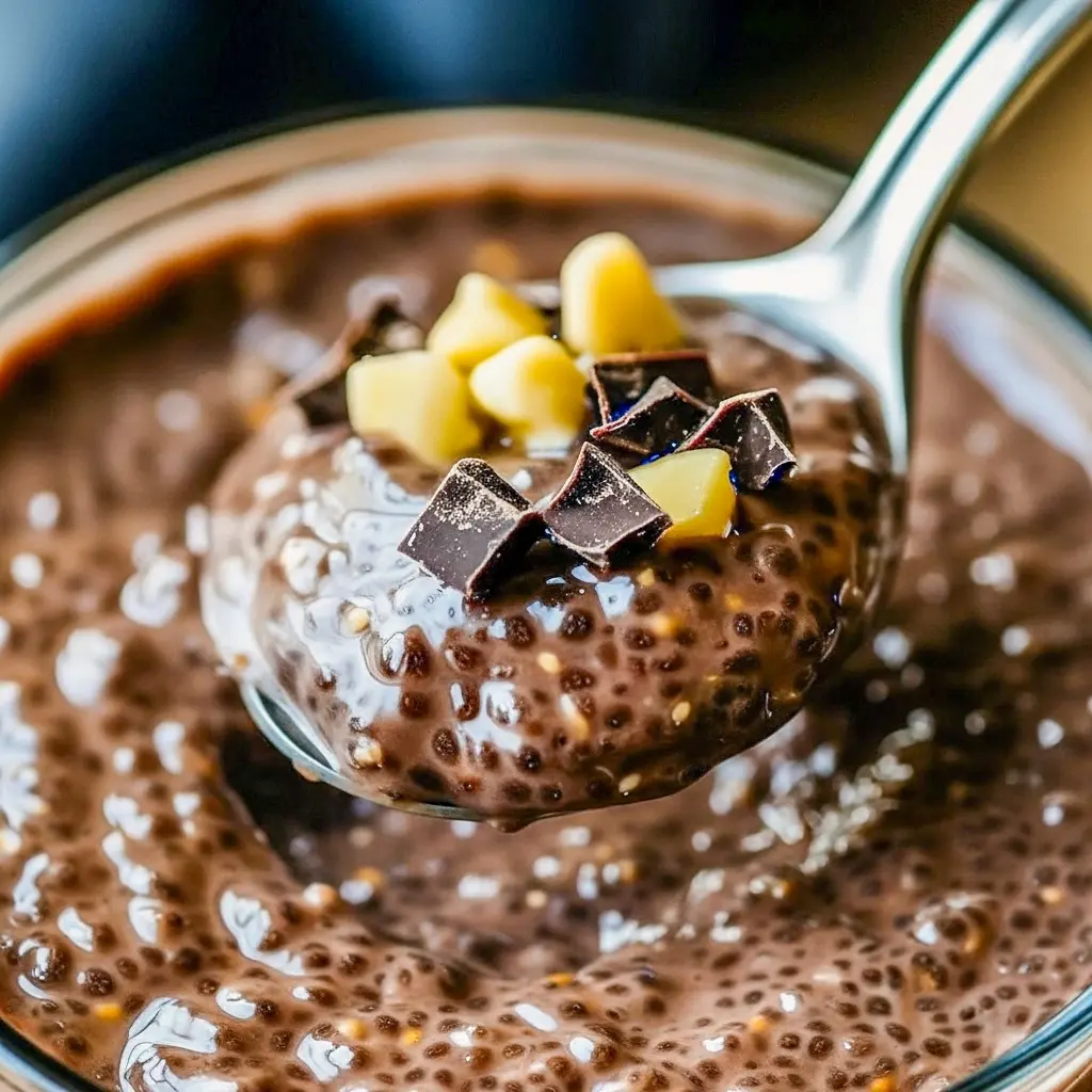 Chocolate Chia Pudding in a glass jar topped with raspberries and toasted almonds, creamy chocolate pudding texture visible.