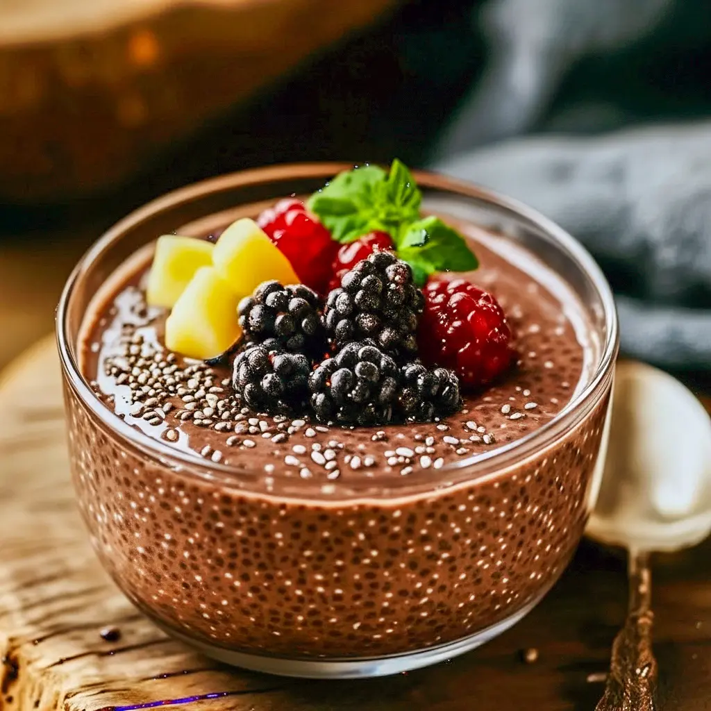 Chocolate Chia Pudding in a glass jar topped with raspberries and toasted almonds, creamy chocolate pudding texture visible.