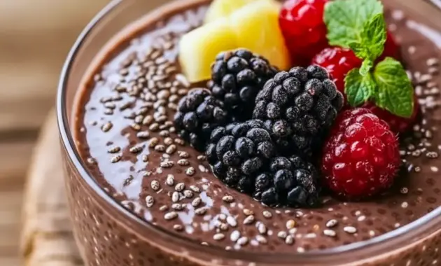 Chocolate Chia Pudding in a glass jar topped with raspberries and toasted almonds, creamy chocolate pudding texture visible.