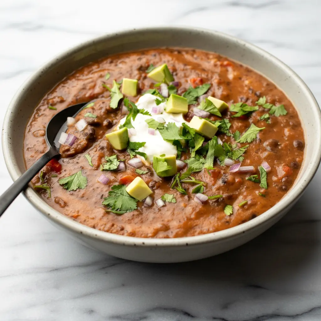 Steaming bowl of Black Bean Soup topped with cilantro, avocado, and a lime wedge — a simple Homemade Black Bean Soup ready in half an hour.